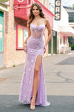 Lilac Mermaid Spaghetti Straps Corset Sequin Ball Dress with Slit