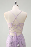 Lilac Spaghetti Straps Mermaid Corset Sequin Prom Dress