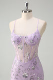 Lilac Spaghetti Straps Mermaid Corset Sequin Prom Dress