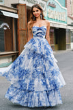 White Blue Flower A-Line Strapless Tiered Long Ball Dress with Bows