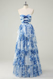 White Blue Flower A-Line Strapless Tiered Long Ball Dress with Bows