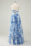 White Blue Flower A-Line Strapless Tiered Long Ball Dress with Bows