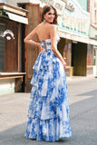 White Blue Flower A-Line Strapless Tiered Long Ball Dress with Bows