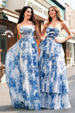 White Blue Flower A-Line Strapless Tiered Long Ball Dress with Bows