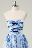 White Blue Flower A Line Strapless Tiered Prom Dress