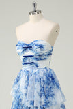 White Blue Flower A Line Strapless Tiered Prom Dress