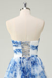 White Blue Flower A Line Strapless Tiered Prom Dress