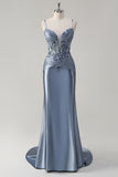 Sparkly Grey Blue Mermaid Spaghetti Straps Corset Appliqued Long Prom Dress