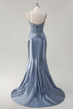 Sparkly Grey Blue Mermaid Spaghetti Straps Corset Appliqued Long Prom Dress