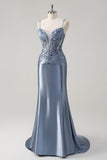 Sparkly Grey Blue Mermaid Spaghetti Straps Corset Appliqued Long Prom Dress