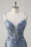 Sparkly Grey Blue Mermaid Spaghetti Straps Corset Appliqued Long Prom Dress