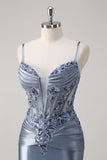 Sparkly Grey Blue Mermaid Spaghetti Straps Corset Appliqued Long Prom Dress