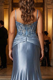 Grey Blue Mermaid Spaghetti Straps Corset Long Plus Size Prom Dress with Appliques