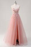 Sparkly Pink A-Line Strapless Flowers Corset Tulle Long Prom Dress with Slit