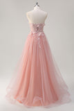 Sparkly Pink A-Line Strapless Flowers Corset Tulle Long Prom Dress with Slit