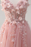 Sparkly Pink A-Line Strapless Flowers Corset Tulle Long Prom Dress with Slit