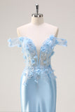 Sky Blue Mermaid Off The Shoulder Corset Floral Long Prom Dress with 3D Flowers