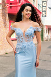 Sky Blue Off The Shoulder Mermaid Corset Floral Long Ball Dress with 3D Flowers