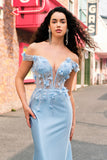 Sky Blue Off The Shoulder Mermaid Corset Floral Long Ball Dress with 3D Flowers