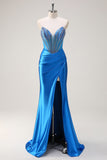 Blue Mermaid Strapless Beaded Corset Prom Dress with Slit