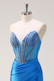 Blue Mermaid Strapless Beaded Corset Prom Dress with Slit