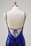 Royal Blue Mermaid V-Neck Beaded Satin Prom Dress With Open Back