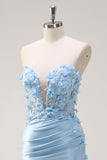 Sky Blue Mermaid Strapless Sequin Prom Dress With Appliques