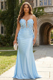 Strapless Mermaid Sky Blue Satin Plus Size Long Prom Dress with 3D Flowers
