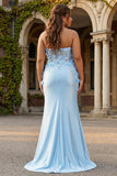 Strapless Mermaid Sky Blue Satin Plus Size Long Prom Dress with 3D Flowers