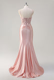 Sparkly Pink Mermaid Spaghetti Straps Corset Flowers Satin Long Prom Dress