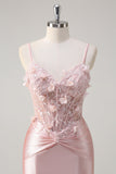 Sparkly Pink Mermaid Spaghetti Straps Corset Flowers Satin Long Prom Dress