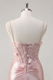 Sparkly Pink Mermaid Spaghetti Straps Corset Flowers Satin Long Prom Dress