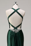 Sparkly Dark Green Mermaid Halter Corset Sequin Prom Dress