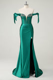 Dark Green Mermaid Off The Shoulder Sequin Prom Dress with Slit