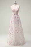 Stylish Pink A Line Spaghetti Straps Floral Beaded Ball Dress with Lace Up Back