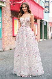 Stylish Pink A Line Spaghetti Straps Floral Beaded Ball Dress with Lace Up Back