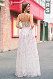 Stylish Pink A Line Spaghetti Straps Floral Beaded Ball Dress with Lace Up Back