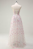 Stylish Pink A Line Spaghetti Straps Floral Beaded Ball Dress with Lace Up Back