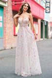 Stylish Pink A Line Spaghetti Straps Floral Beaded Ball Dress with Lace Up Back