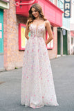 Stylish Pink A Line Spaghetti Straps Floral Beaded Ball Dress with Lace Up Back