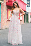 Stylish Pink A Line Spaghetti Straps Floral Beaded Ball Dress with Lace Up Back