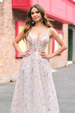 Stylish Pink A Line Spaghetti Straps Floral Beaded Ball Dress with Lace Up Back