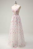 Pink A Line Spaghetti Straps Floral Beaded Prom Dress