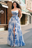 White Blue Flower A-Line Spaghetti Straps Ruched Corset Long Ball Dress With Slit