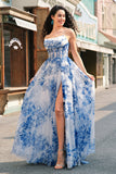 White Blue Flower A-Line Spaghetti Straps Ruched Corset Long Ball Dress With Slit