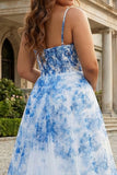 White Blue Flower Spaghetti Straps Corset Long Plus Size Prom Dress with Slit