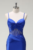 Royal Blue Mermaid Spaghetti Straps Satin Corset Long Prom Dress with Slit