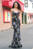 Sparkly Sequins Mermaid Spaghetti Straps Black Ball Dress with Appliques