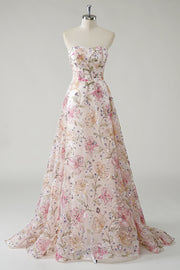 Sparkly Strapless Pink A-Line Sequin Floral Long Ball Dress