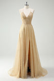 A Line Gold Sequin Spaghetti Straps Ball Dress With Slit